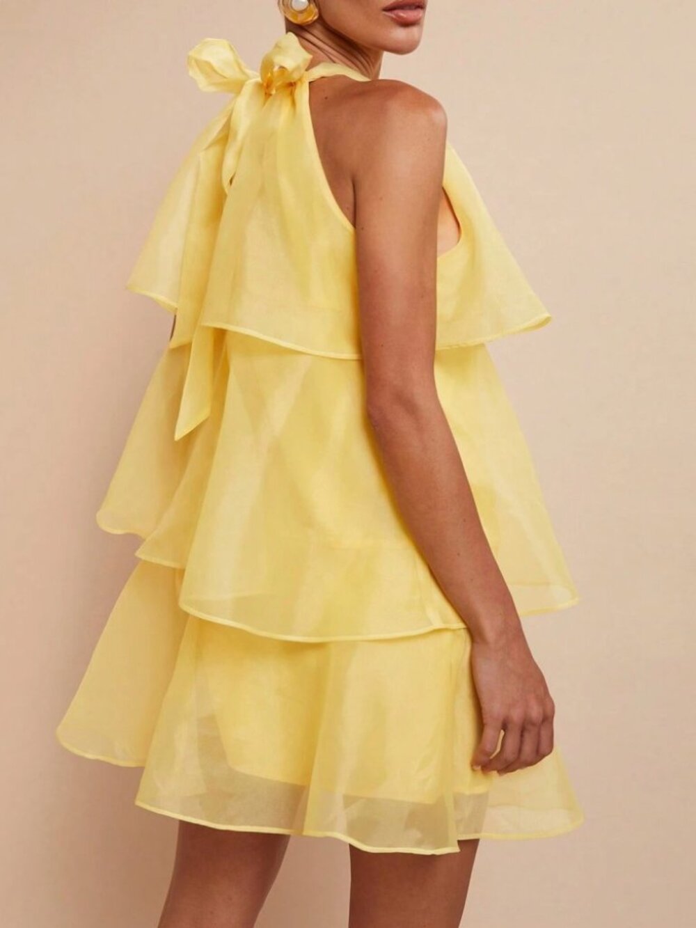 Yellow Organza Tiered Halter Mini Dress - Picture 6 of 6